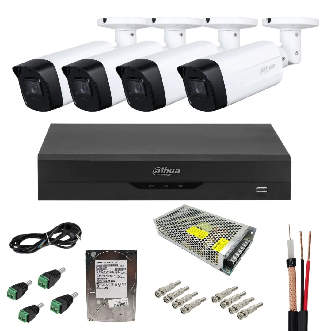 Sistem supraveghere analog Dahua 4 camere 2MP Full HD, IR 80m, SmartIR,  cu DVR 4 canale + 6 canale IP, inregistrare 5MP, compresie H.265+,  accesorii montaj