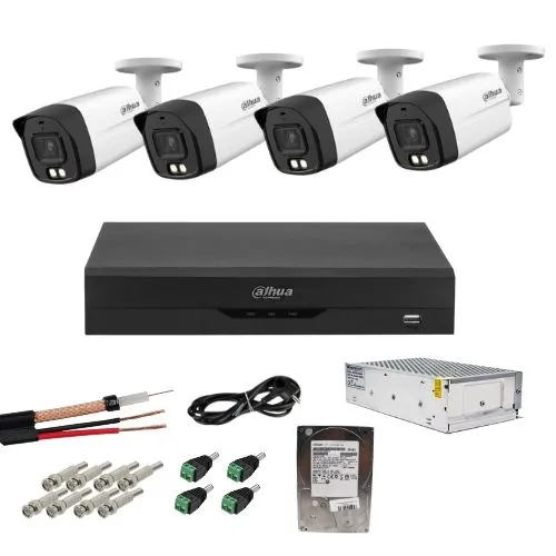Sistem Supraveghere Analog Dahua cu 4 Camere 2MP Dual Light IR+WL 40m, Lentila 3.6mm, Audio, DVR 4 Canale, HDD 500GB, Accesorii Montaj