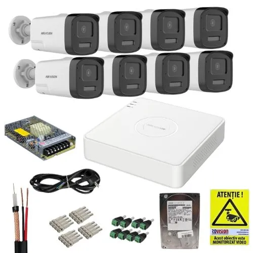 Sistem Supraveghere Analog Hikvision 3K  8 Camere cu Dual Light, Audio Bidirectional, DVR 8 Canale cu Deep Learning, HDD 1TB si Accesorii Montaj