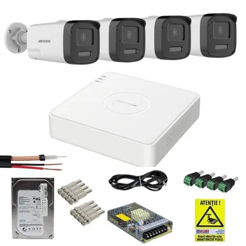 Sistem Supraveghere Analog Hikvision 4 Camere 3K Ultra HD, Dual Light 40m, Audio, DVR 4 Canale 3K lite 5MP, 1xSata, Functii inteligente, accesorii montaj