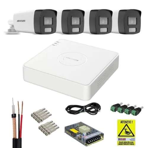 Sistem supraveghere analog Hikvision 4 camere 4K, Dual Light, IR 40m, lentila 2, 8mm, DVR 4 canale, 5MP, tehnologie AcuSense, accesorii montaj, fara HDD