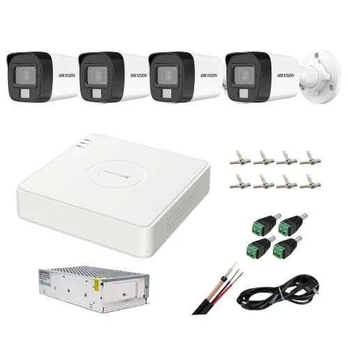 Sistem supraveghere analog Hikvision, 4 camere 5MP dual light audio, DVR 4 canale 5MP, accesorii