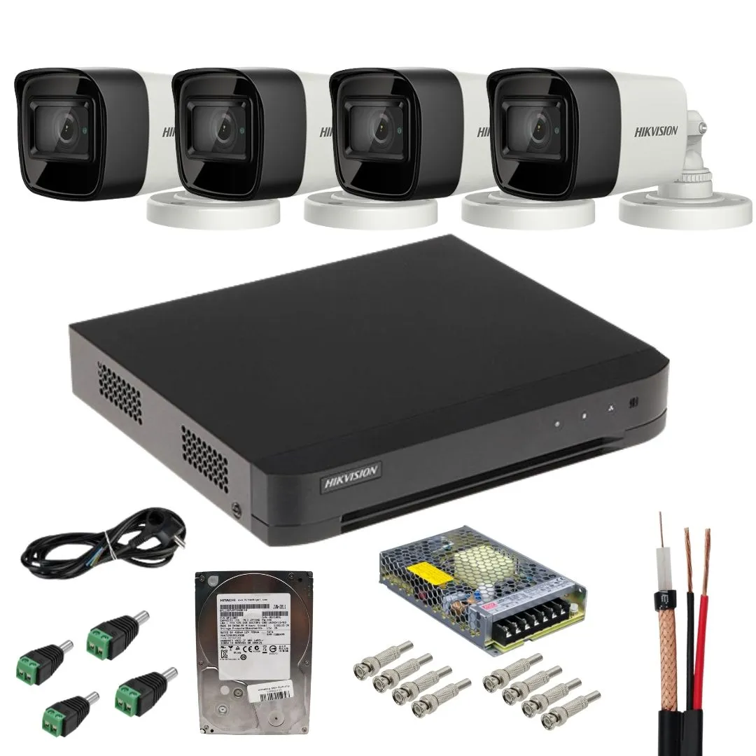 Sistem supraveghere analog Hikvision, 4 camere  8MP, lentila 2.8mm, IR 30m, DVR 4 canale, 8MP, AcuSense, Hard disk 500GB, Accesorii incluse