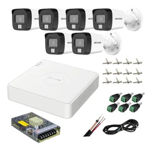 Sistem supraveghere analog Hikvision, 6 camere 5MP dual light audio, DVR 8 canale 4MP, accesorii
