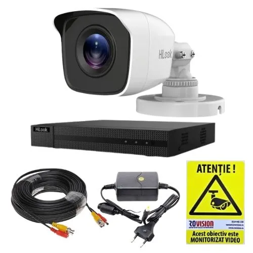 Sistem supraveghere analog Hikvision Hilook, 1 camera 2 MP, lentila 2.8mm, IR 20m, DVR 4 canale 4 MP, accesorii