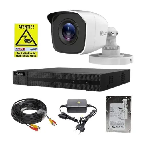 Sistem supraveghere analog Hikvision Hilook, 1 camera 2 MP, lentila 2.8mm, IR 20m, DVR 4 canale 4 MP, hard disk 500GB, accesorii