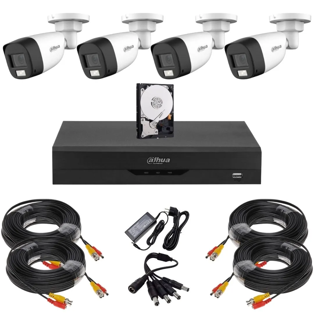 Sistem supraveghere complet Dahua, 4 camere Starlight, 5MP, Infrarosu 30m, Vizualizare de pe mobil, DVR, Recunoastere faciala, Accesorii montaj, HDD 500GB