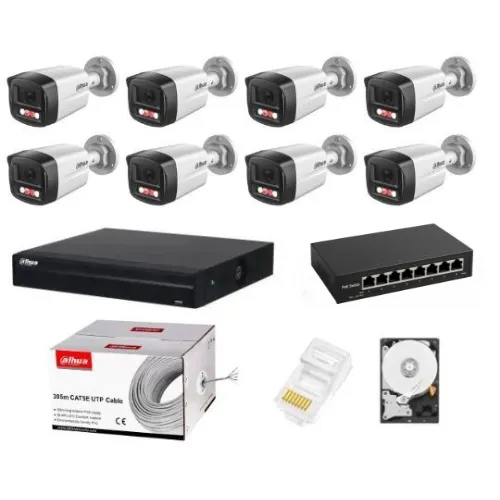 Sistem supraveghere complet Dahua 8 camere IP 4MP Dual Light 30m Microfon NVR 8 canale HDD si accesorii instalare incluse