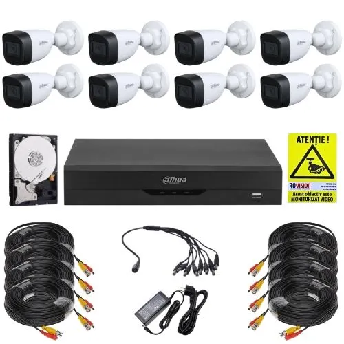 Sistem supraveghere complet Dahua, Functii inteligente, 8 camere 2MP Full HD, Infrarosu 30m, DVR WizSense 8 canale, HDD 1TB, Accesorii montaj