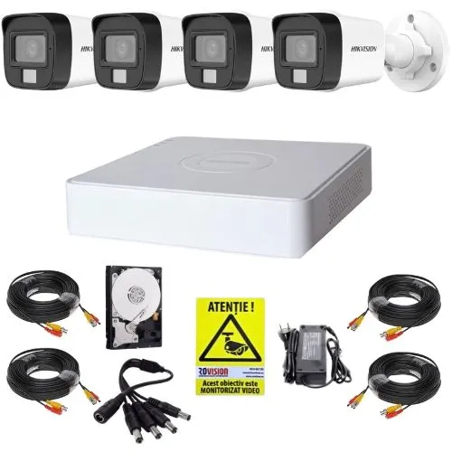 Sistem supraveghere complet Hikvision 4 camere 2MP Dual Light Audio, DVR 4 canale 4MP, Accesorii, HDD 500GB + Autocolant Rovision