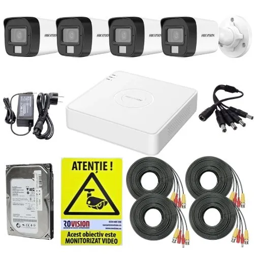 Sistem supraveghere complet Hikvision, 4 camere 5MP 3K Dual Light Audio, DVR 4 canale 3K 5MP, Accesorii, HDD 500GB, Autocolant Rovision