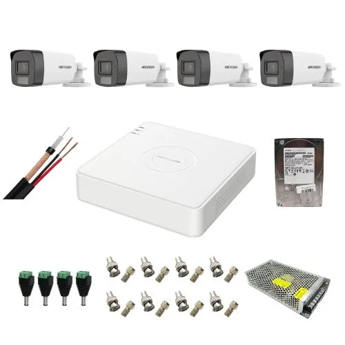 Sistem supraveghere complet Hikvision 4 camere 5MP IR 40m Lumina Alba 40m Microfon, DVR 4 canale 5 MP, HDD 1 TB, accesorii montaj