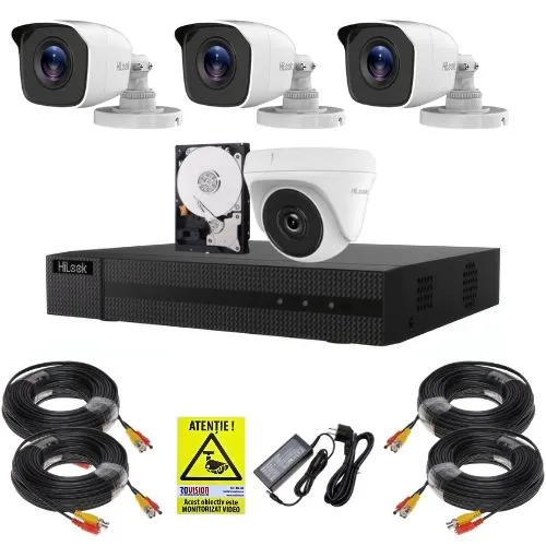 Sistem supraveghere complet Hilook, 3 camere de exterior, Full HD 2MP, infrarosu 20m, 1 camera de interior 2MP Full HD, IR 20m, Vizualizare de pe mobil, HDD 500GB, NVR 4 canale
