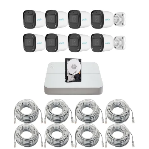 Sistem supraveghere complet IP Uniarch, 8 camere 2MP Full HD, Microfon, IR 30m, Pentru exterior, Vizualizare de pe mobil, NVR 8 canale, Accesorii montaj, HDD 1TB