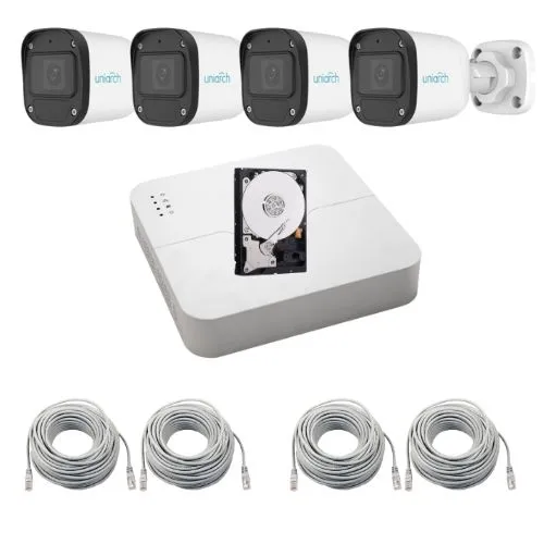 Sistem supraveghere complet Uniarch, 4 camere IP 2MP Full HD, Infrarosu 30m, Microfon, PoE, NVR 4 canale, Vziualizare de pe mobil, Accesorii montaj, HDD 500GB