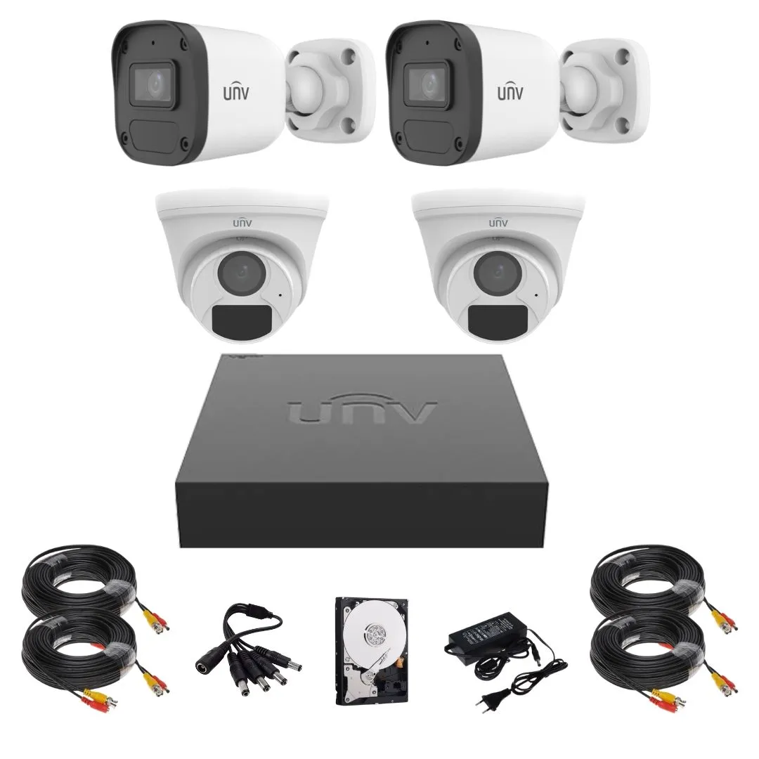 Sistem supraveghere complet Uniview, 2 camere de exterior, 2 camere de interior, 2MP, IR 20m, microfon, DVR, Accesorii montaj