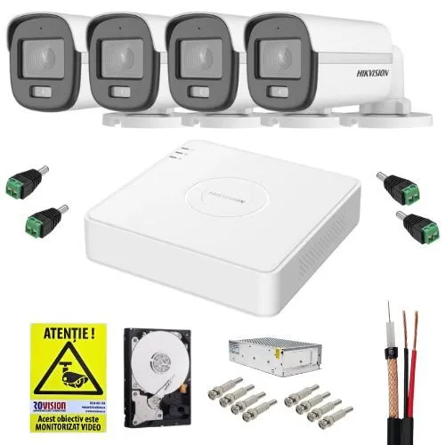 Sistem supraveghere cu functii inteligente Hikvision, 4 camere 5MP 3K, Smart Hybrid Light, Microfon, IR 20m, Lumina Alba 20m, DVR 4 canale 5MP, Accesorii incluse, HDD 500GB, Autocolant Rovision
