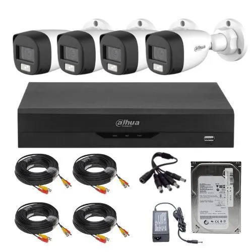 Sistem supraveghere Dahua, 4 camere, 2MP, Dual Light, IR 20m, microfon, DVR 4 canale hibrid, functii AI + HDD 500GB, accesorii