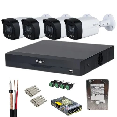 Sistem supraveghere Dahua 4 camere Full-Color 5MP, lentila 3.6mm, lumina alba 40m, microfon, DVR 4K Penta-brid, WizSense, 8 canale IP, HDD 1TB, accesorii