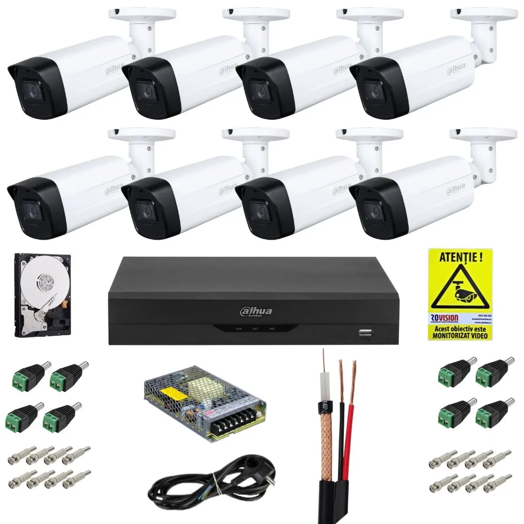 Sistem supraveghere Dahua cu functii inteligente, 8 camere 4K 8MP, lentila 3.6mm, IR 80m, DVR WizSense, Accesorii incluse