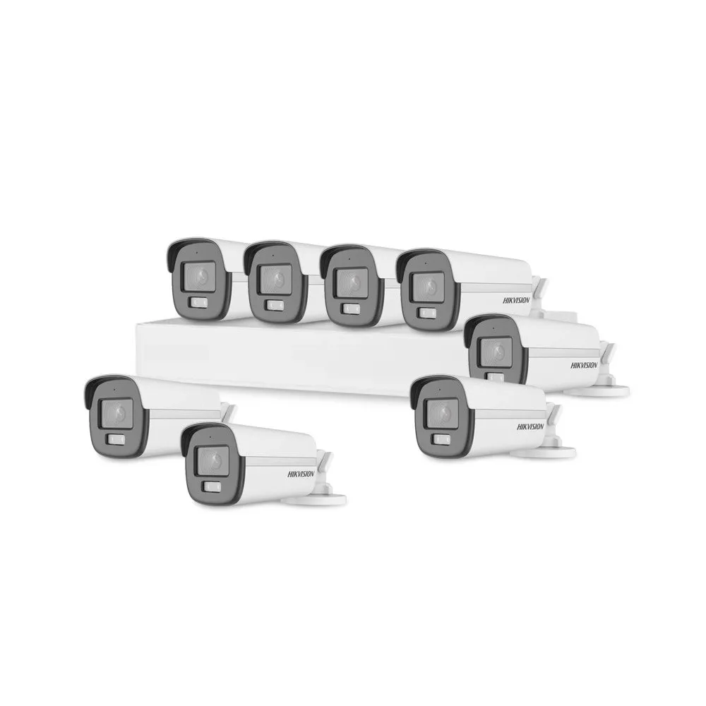 Sistem supraveghere exterior basic HikVision, 8 camere, 2 MP, 2.8 mm, IR/lumina alba 40 m, microfon