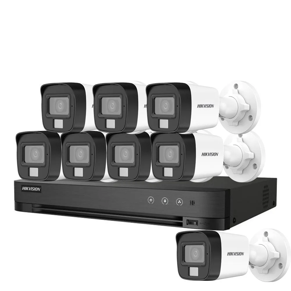 Sistem supraveghere exterior basic HikVision, 8 camere, 5 MP, IR 25 m, lumina alba 20 m, 2.8 mm, microfon