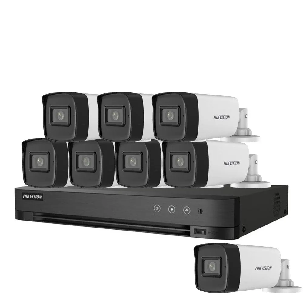 Sistem supraveghere exterior basic HikVision, 8 camere, 5 MP, IR 40 m, 2.8 mm, microfon