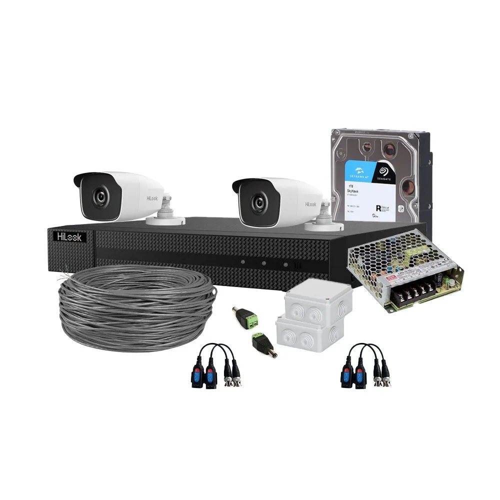 Sistem supraveghere exterior complet HikVision HiLook, 2 camere, 2 MP, 2.8 mm, IR EXIR 40 m, HDD 1 TB