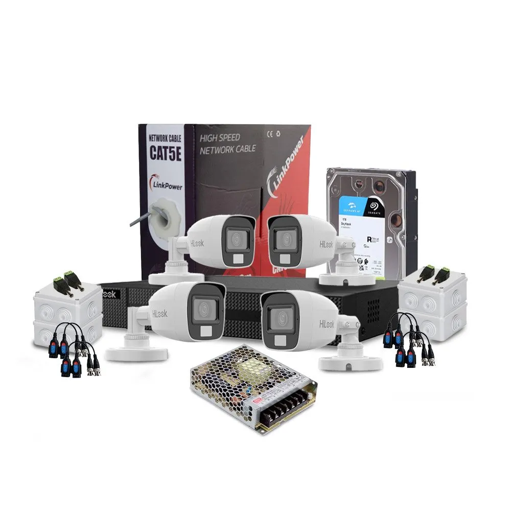 Sistem supraveghere exterior complet HikVision HiLook, 4 camere, 2 MP, 2.8 mm, IR/lumina alba 20 m, microfon, HDD 1 TB