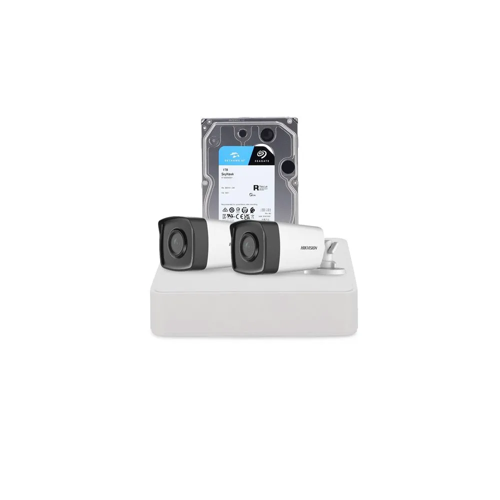 Sistem supraveghere exterior cu HDD 1 TB HikVision, 2 camere, 2 MP, IR 40 m, 2.8 mm