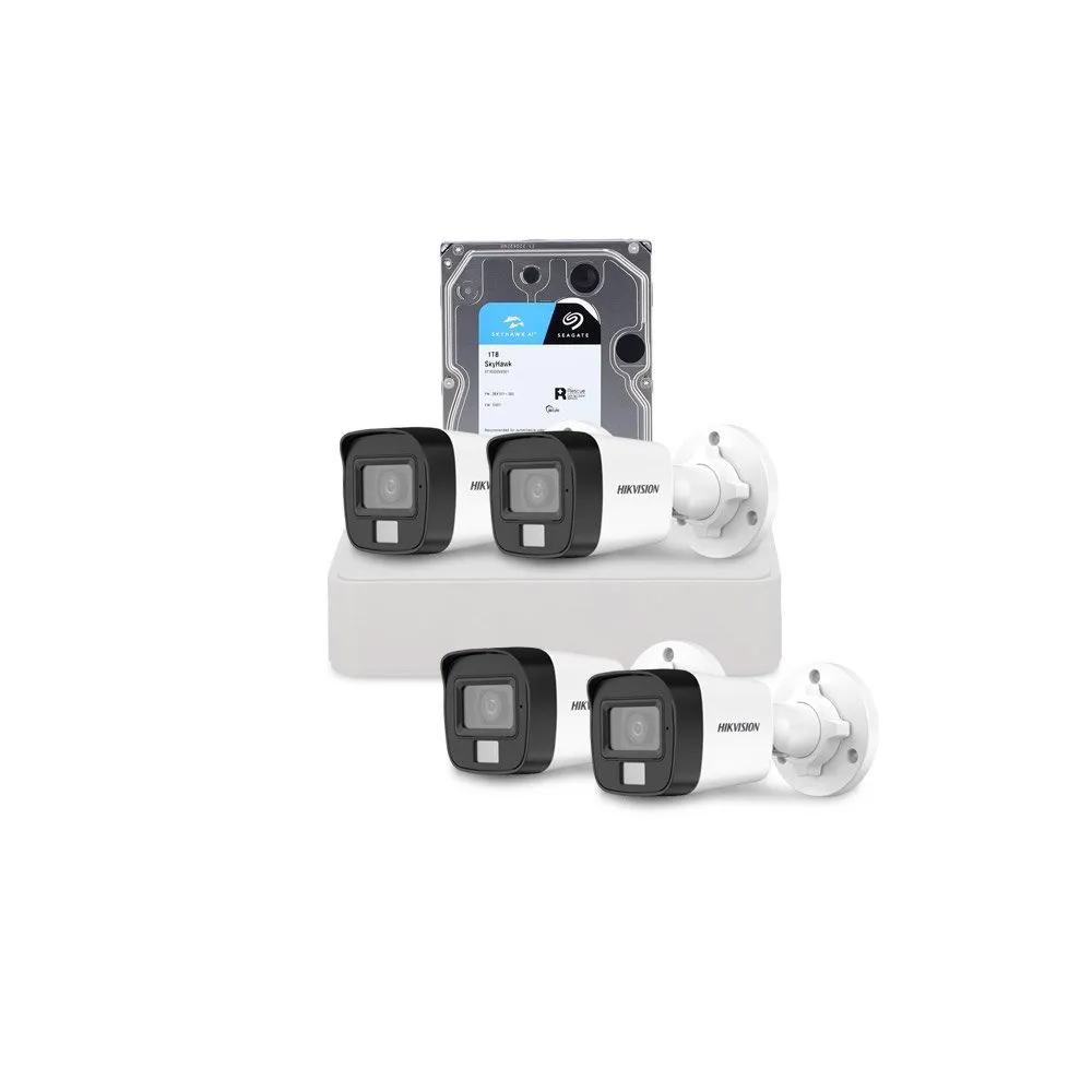 Sistem supraveghere exterior cu HDD 1 TB HikVision, 4 camere, 2 MP, IR 25 m, lumina alba 20 m, 2.8 mm, microfon