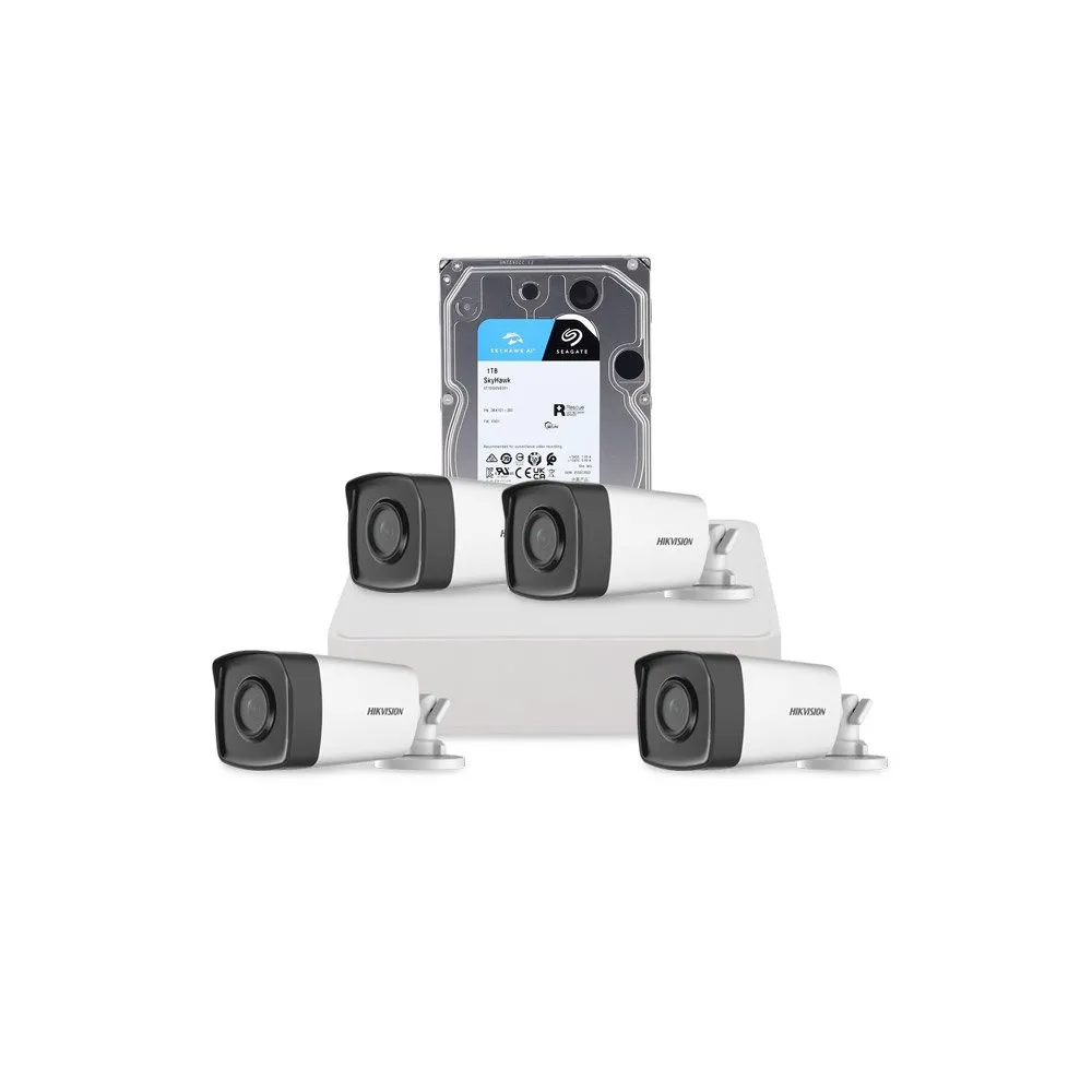 Sistem supraveghere exterior cu HDD 1 TB HikVision, 4 camere, 2 MP, IR 80 m, 3.6 mm