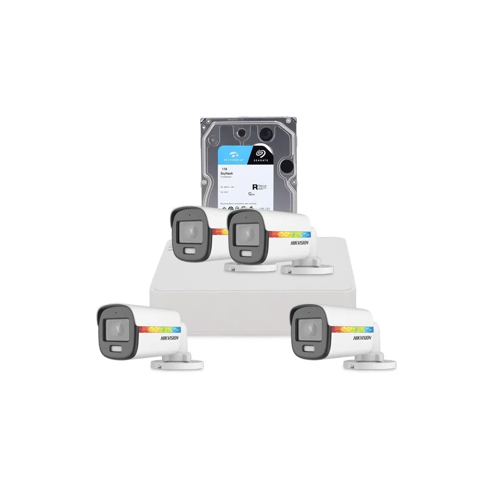 Sistem supraveghere exterior cu HDD 1 TB HikVision, 4 camere, 2 MP, lumina alba 20 m, 2.8 mm, microfon