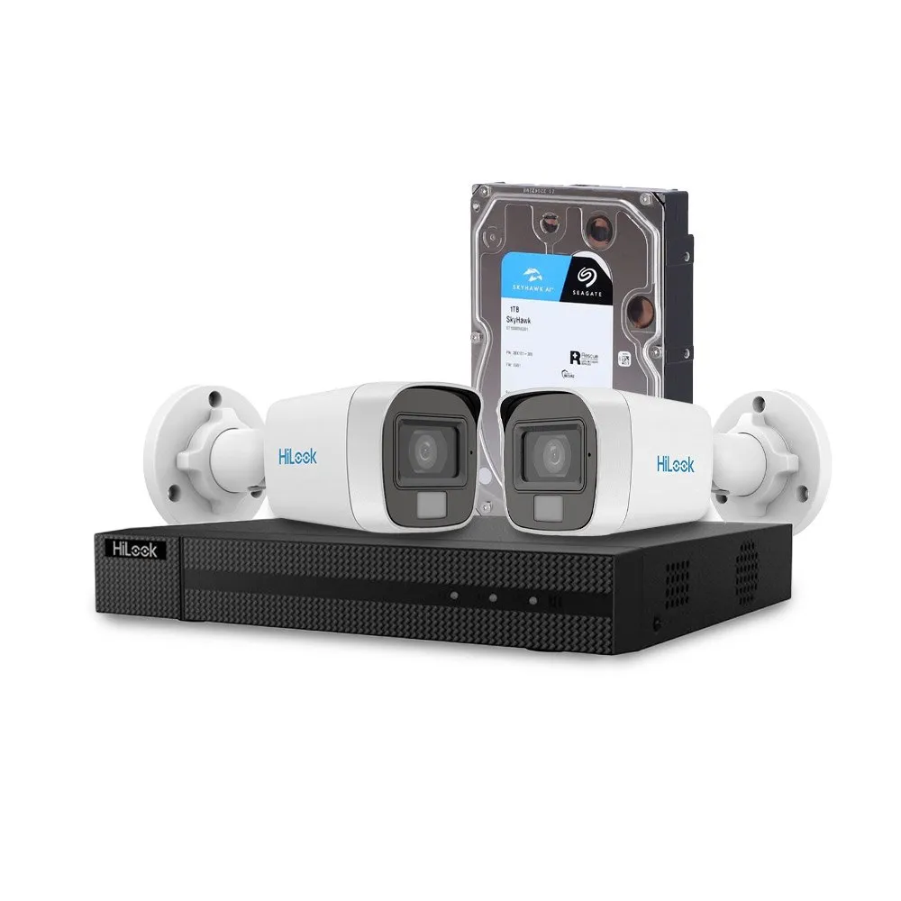 Sistem supraveghere exterior cu HDD 1 TB HikVision HiLook, 2 camere, 2 MP, 2.8 mm, IR/lumina alba 20 m, microfon