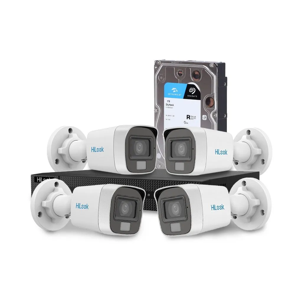 Sistem supraveghere exterior cu HDD 1 TB HikVision HiLook, 4 camere, 2 MP, 2.8 mm, IR/lumina alba 20 m, microfon
