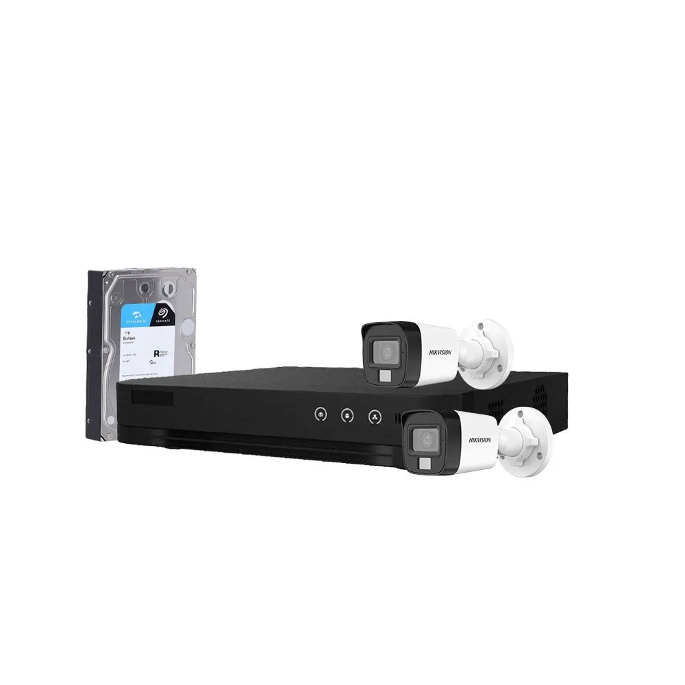 Sistem supraveghere exterior cu HDD 1TB HikVision, 2 camere, 5 MP, IR 25 m, lumina alba 20 m, 2.8 mm, microfon