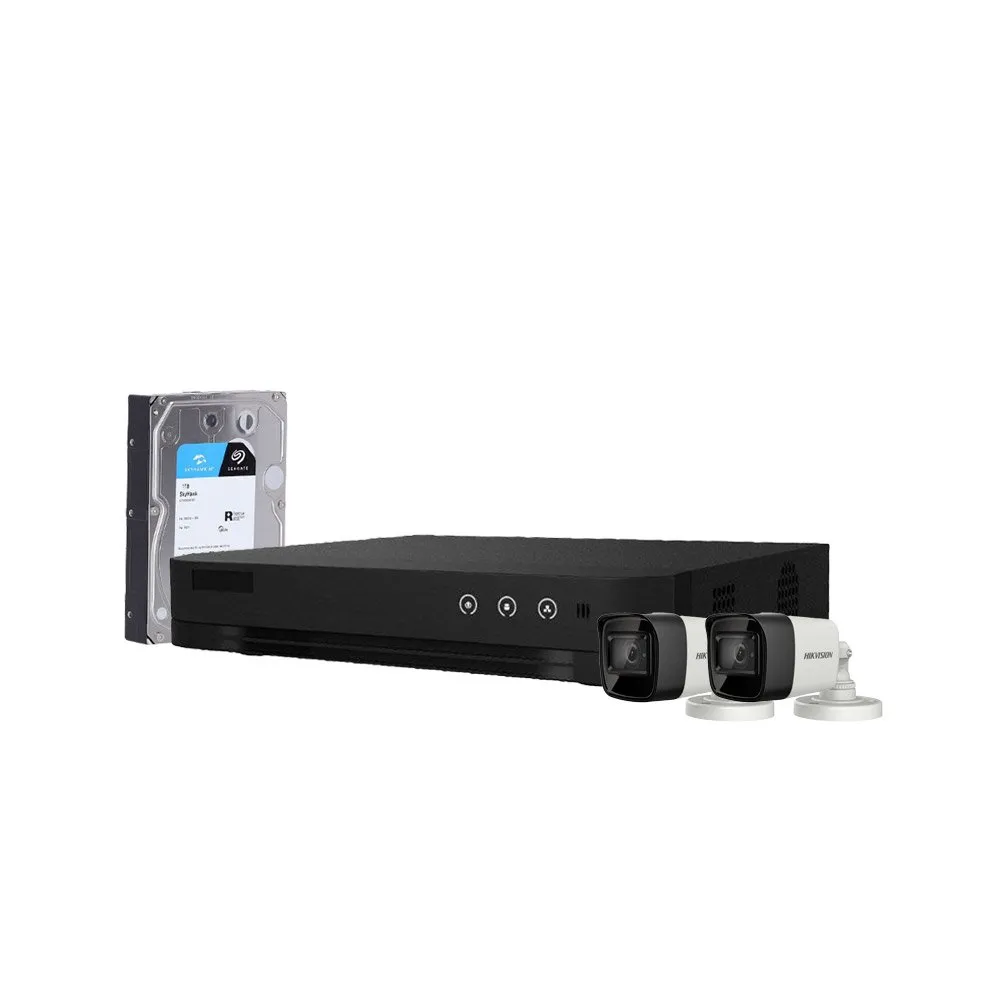 Sistem supraveghere exterior cu HDD 1TB HikVision, 2 camere, 5 MP, IR 30 m, 2.8 mm