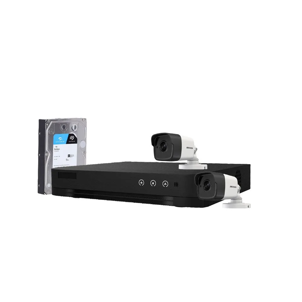 Sistem supraveghere exterior cu HDD 1TB HikVision, 2 camere, 5 MP, IR 30 m, 2.8 mm, microfon