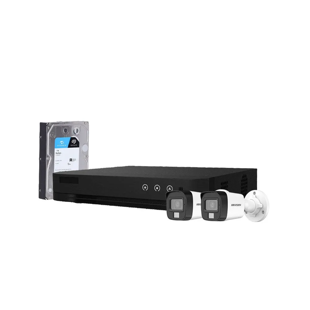 Sistem supraveghere exterior cu HDD 1TB HikVision, 2 camere, 5 MP, IR 30 m, lumina alba 20 m, 2.8 mm, microfon