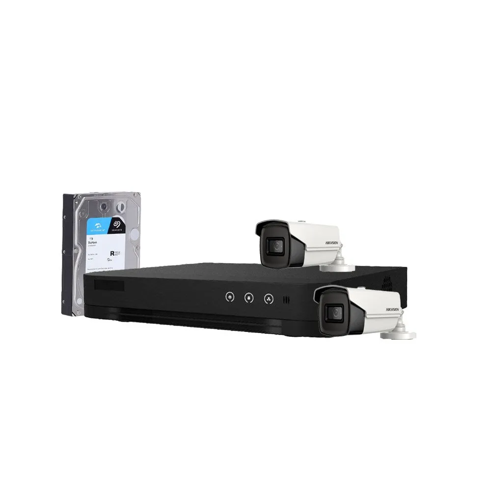 Sistem supraveghere exterior cu HDD 1TB HikVision, 2 camere, 5 MP, IR 80 m, 3.6 mm