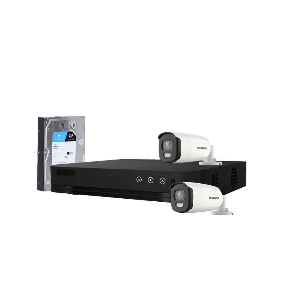 Sistem supraveghere exterior cu HDD 1TB HikVision, 2 camere, 5 MP, lumina alba 20 m, 2.8 mm, stroboscop