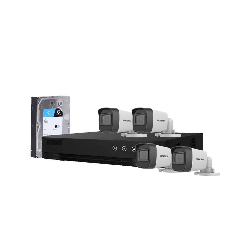 Sistem supraveghere exterior cu HDD 1TB HikVision, 4 camere, 5 MP, IR 20 m, 2.8 mm