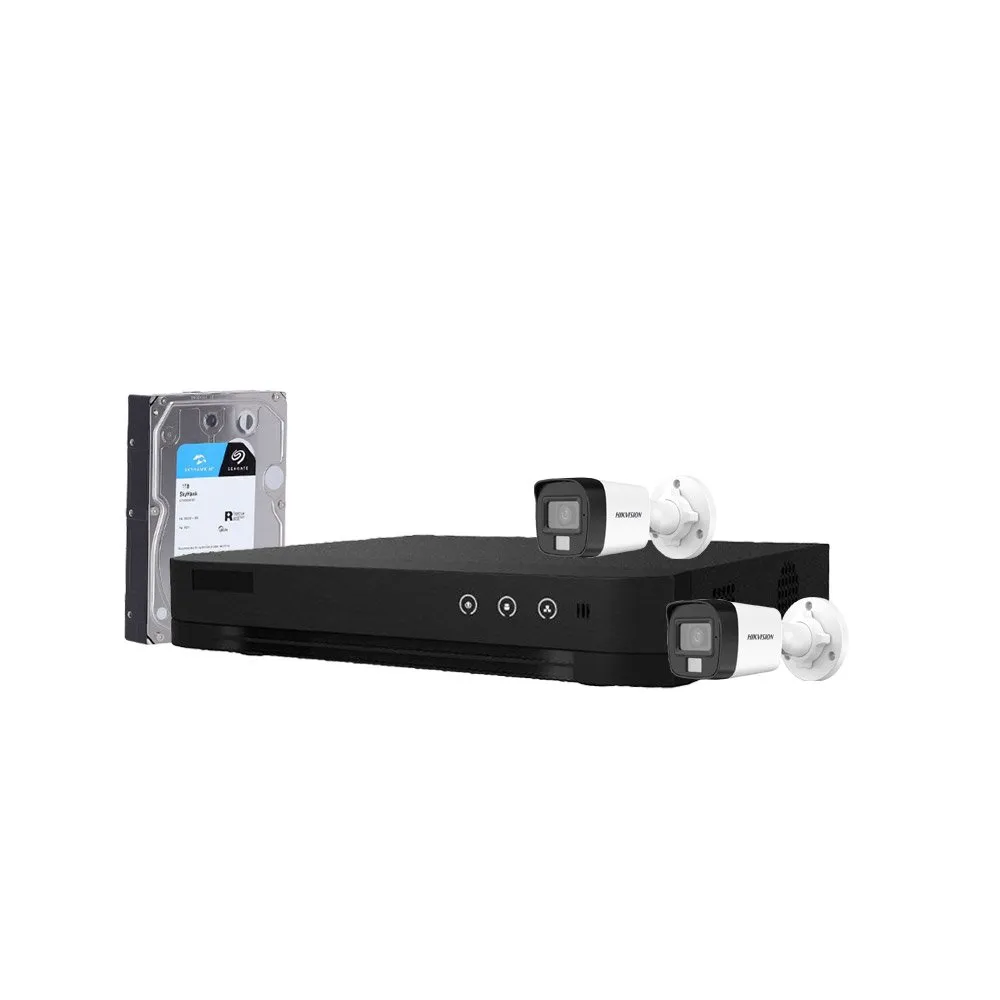 Sistem supraveghere exterior cu HDD 1TB HikVision, 4 camere, 5 MP, IR 25 m, lumina alba 20 m, 2.8 mm, microfon