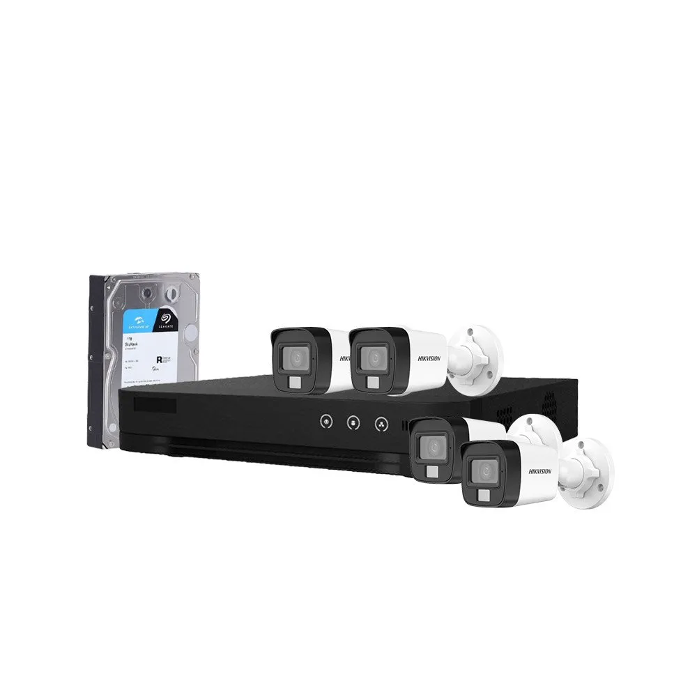 Sistem supraveghere exterior cu HDD 1TB HikVision, 4 camere, 5 MP, IR 30 m, lumina alba 20 m, 2.8 mm, microfon