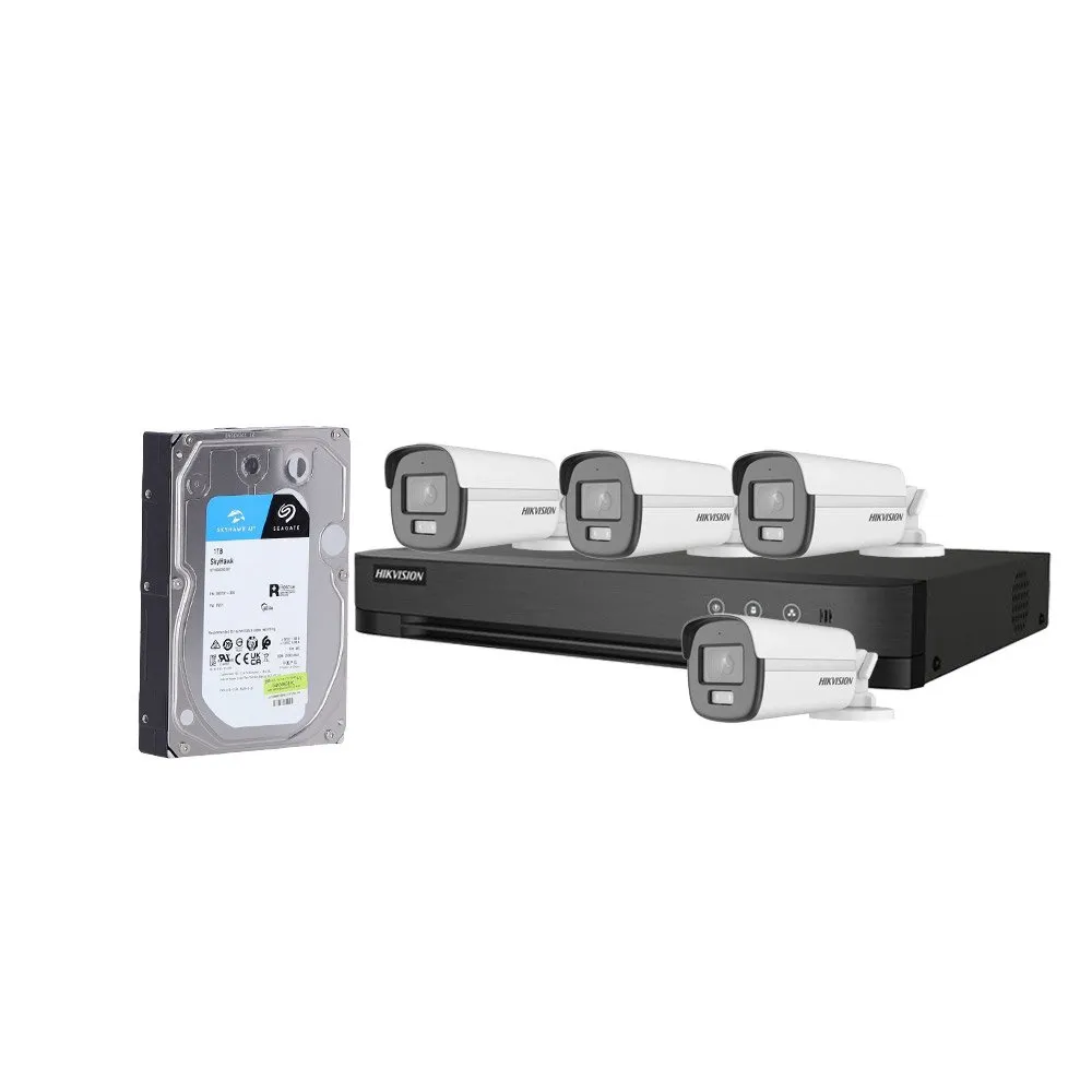 Sistem supraveghere exterior cu HDD 1TB HikVision, 4 camere, 5 MP, lumina alba 40 m, 2.8 mm