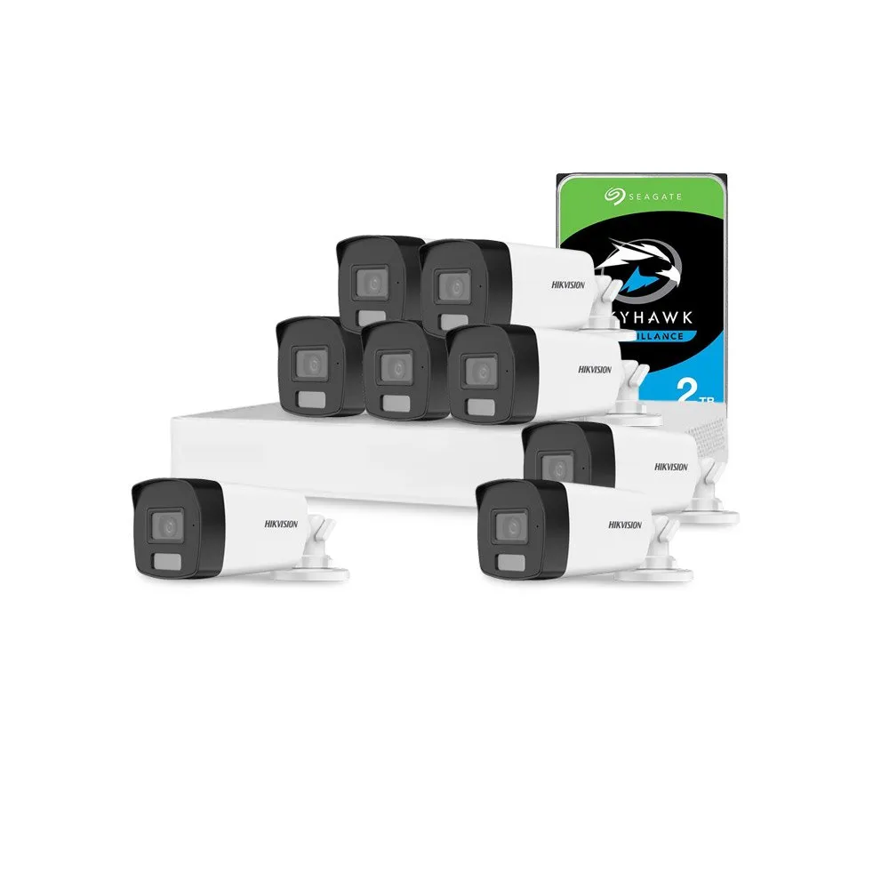 Sistem supraveghere exterior cu HDD 2 TB HikVision, 8 camere, 2 MP, IR 40 m, lumina alba 40 m, 2.8 mm, microfon