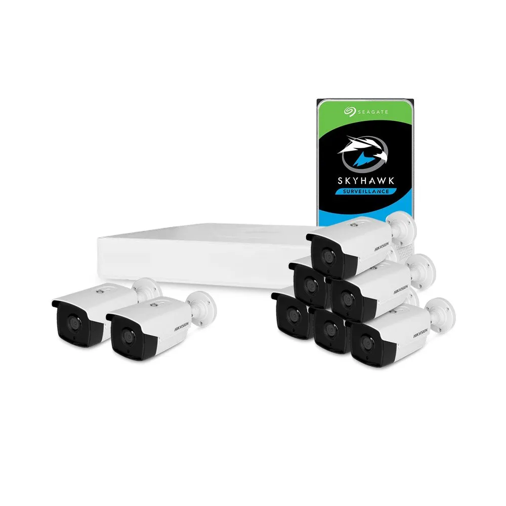 Sistem supraveghere exterior cu HDD 2 TB HikVision, 8 camere, 2 MP, IR 80 m, 3.6 mm