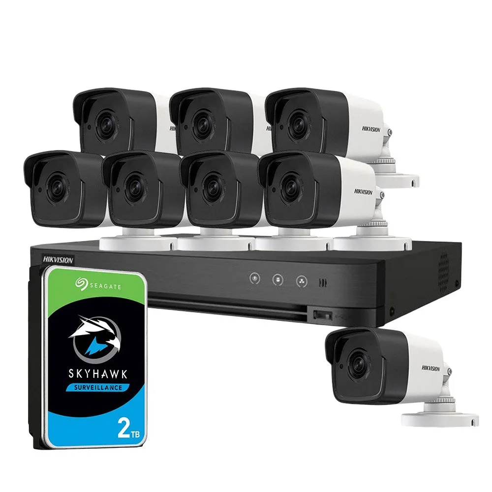 Sistem supraveghere exterior cu HDD 2TB HikVision, 8 camere, 5 MP, IR 30 m, 2.8 mm, microfon