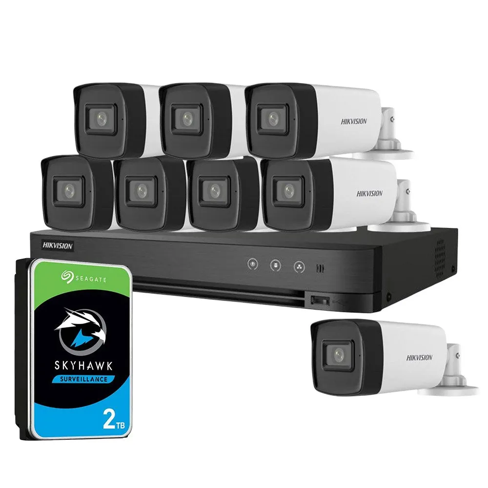 Sistem supraveghere exterior cu HDD 2TB HikVision, 8 camere, 5 MP, IR 40 m, 2.8 mm, microfon