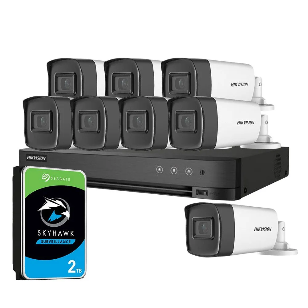 Sistem supraveghere exterior cu HDD 2TB HikVision, 8 camere, 5 MP, IR 40 m, 2.8 mm, microfon